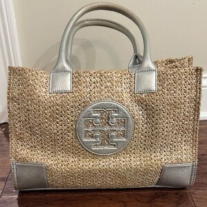 Tory Burch Natural Straw Tote with Silver Leather Trim